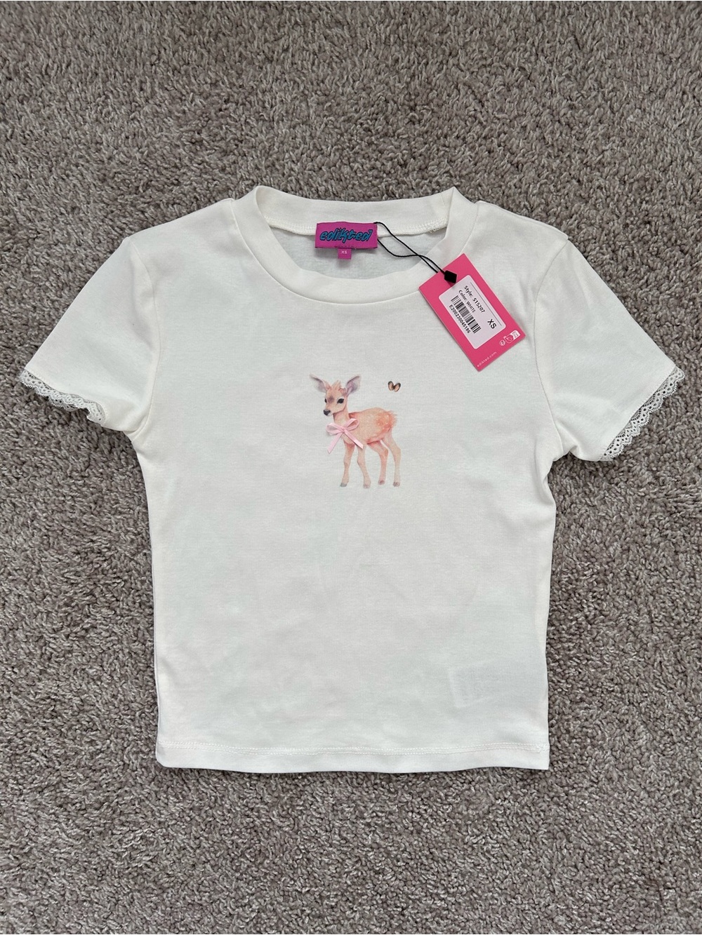 Edikted Cream Short Sleeve Tee with Pink Deer Motif